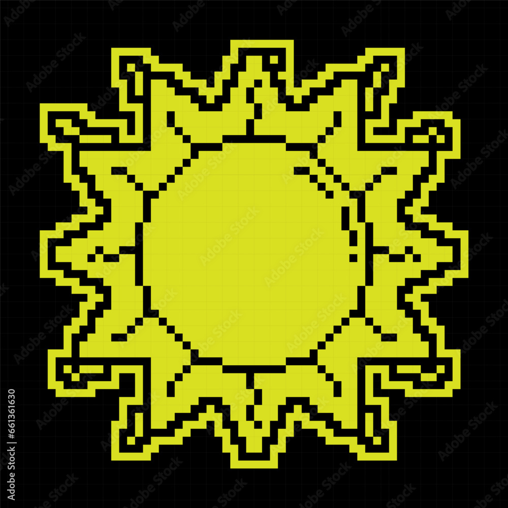 Obraz premium Pixel silhouette icon. Sun. Star of planet earth. Astronomy, observation of sun activity and weather. Simple black and yellow vector