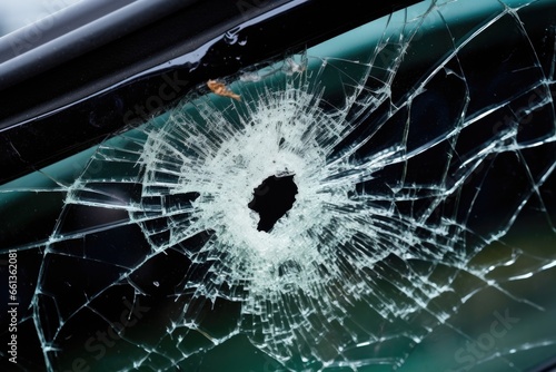 a broken car window with shattered glass on the seat