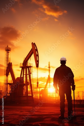 Oil worker standing in front of oil pump at the sunset