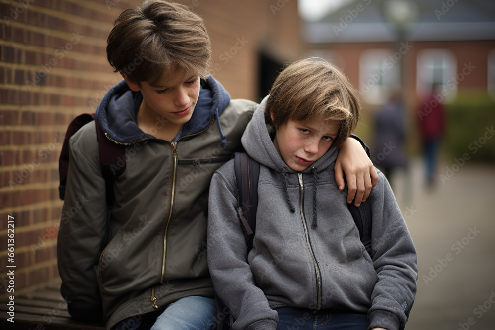 Teenager comforting consoling upset sad boy in school yard. Teenager comforting consoling upset sad boy in school yard.