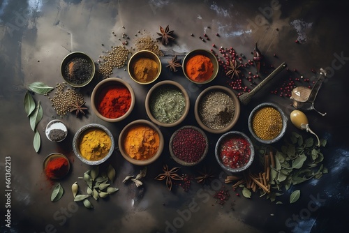 from above of various spices in bowls on dark grunge background, food style photography, top view, generative ai