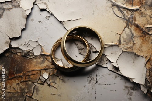 cracked wedding rings beside a faded wedding photo