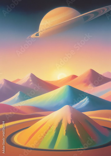 An anime imaginary world  a new world with beautiful rainbow colored mountains. And the miracle