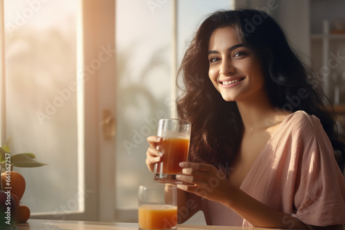 young Indian woman holding a glass of fresh juice