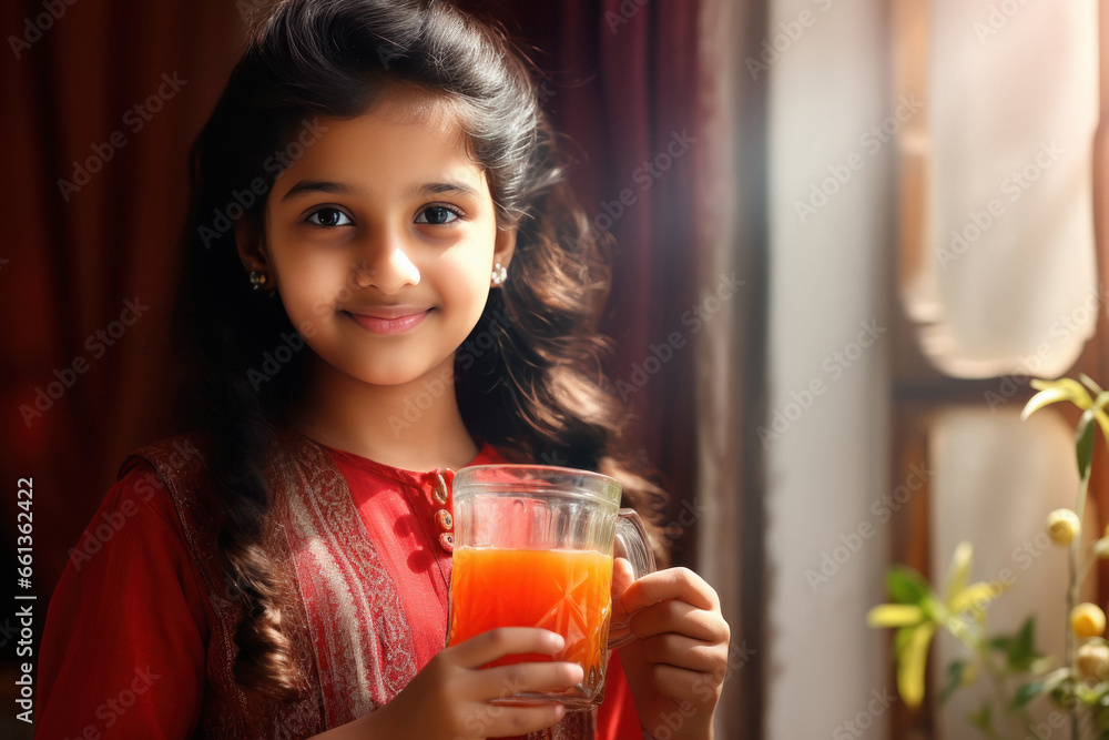 Indian girl holding a glass of fresh juice Indian girl holding a glass of fresh juice