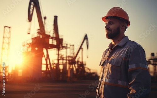 Oil worker standing in fron...