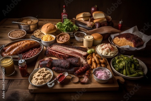 Texas style bbq meal with all french fries, sausage, meat, chicken, top view, generative ai
