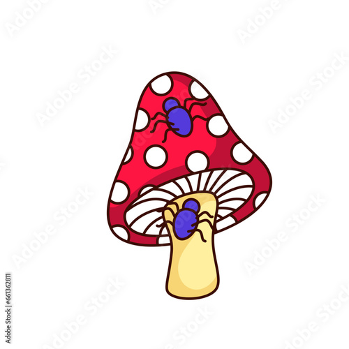 Groovy Halloween mushroom vector illustration. Cartoon isolated retro weird sticker of fly agaric with cute fantasy purple bugs from psychedelic acid trip and hallucinations, funny mushroom mascot