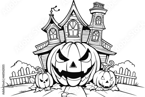 Vector coloring page or book for Halloween with spooky haunted mansion and pumpkins. Cute and scary outline drawing for holiday and kid