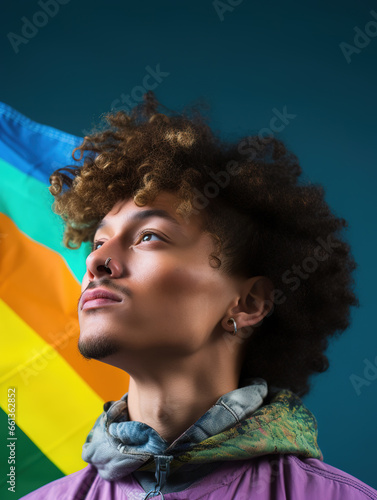 Portrait of queer man with a gay pride rainbow flag at studio over blue background. Homosexual lgbtiq concept, rainbow flag, celebrating parade.