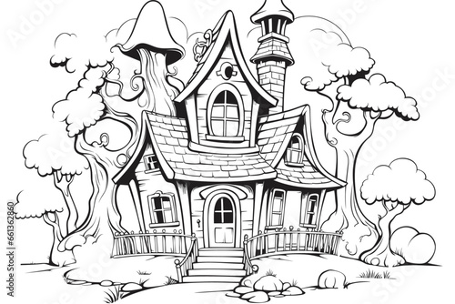 Vector coloring page or book for Halloween with spooky haunted mansion, mystic fairytale house. Cute fantasy hand drawn black and white contour image for kids