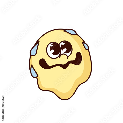 Groovy distorted emoji in fear vector illustration. Cartoon isolated retro psychedelic emoticon with yellow frightened circle face and drops of sweat from horror, crazy worried emoji for Halloween
