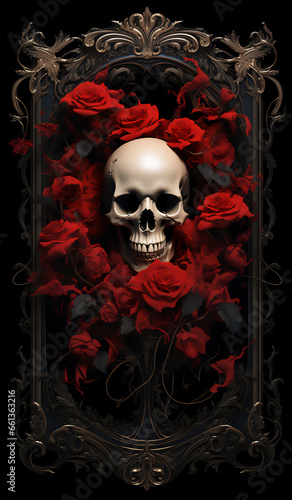 skull and red floral frame - generative ai photo