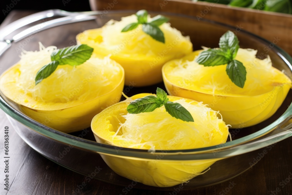 spaghetti squash mixed with fresh basil leaves spaghetti squash mixed with fresh basil leaves