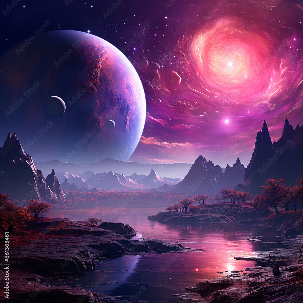 Landscape of earth, modern, futuristic, beautiful colors, planet, space Landscape of earth, modern, futuristic, beautiful colors, planet, space
