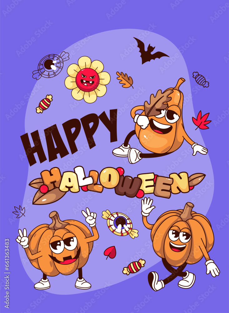 Fototapeta premium Happy Halloween banner design vector illustration. Cartoon Halloween party invitation with pumpkin psychedelic groovy characters, flying bats and funny candy with eyeball, spooky angry flowers