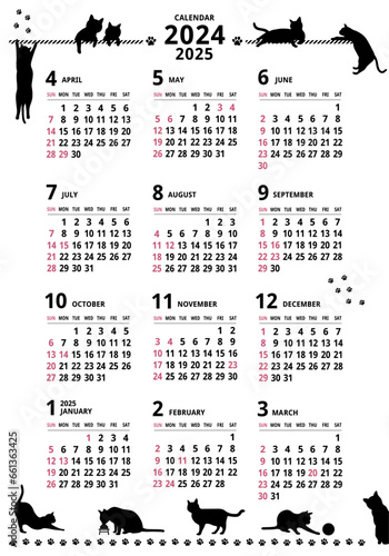 2024-2025年_年間カレンダー_4月始まり _猫シルエット
