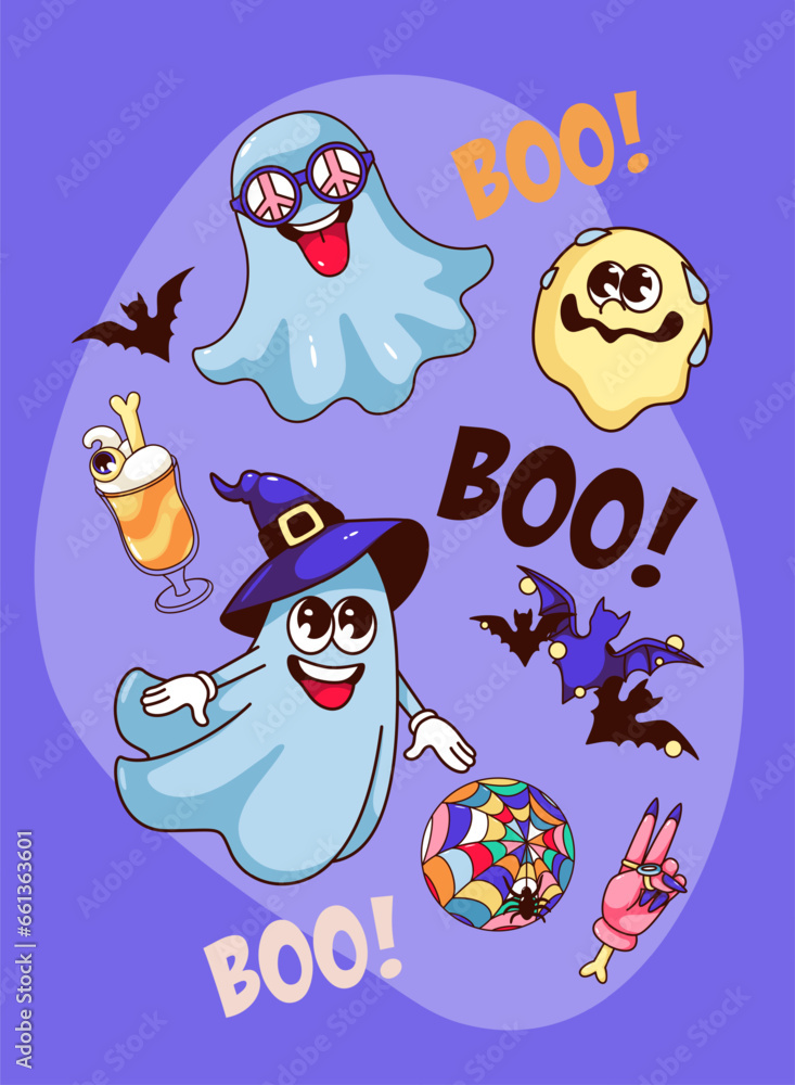 Naklejka premium Halloween banner design vector illustration. Cartoon happy Halloween party invitation, vertical poster or flyer with spooky ghost characters and bats flying at night, zombie hand and Boo lettering