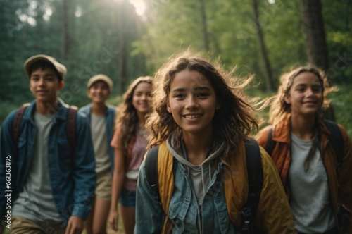 Group of Teenagers hikers, explore the outdoors, and embrace an active lifestyle in nature.