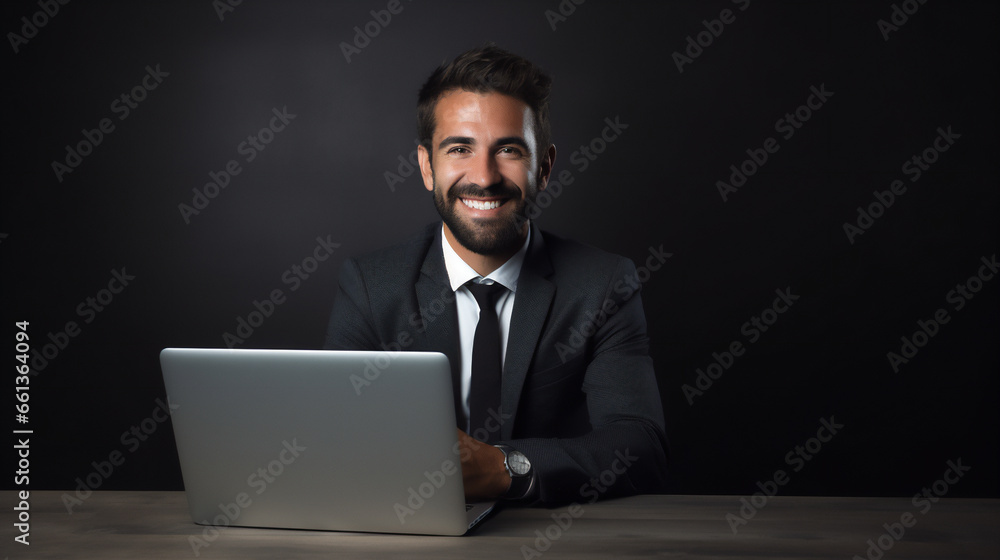 Adult Young Business man Executive sitting at desk using laptop.Ai generative.