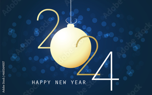 Golden Merry Christmas and Happy New Year Greeting Card with Christmas Ball, Bokeh Effect - Creative Design Template for Best Wishes Cards, Year 2024