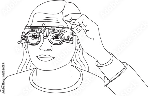 Eye Exam and Contact Lens Selection - Cartoon Illustration of Diagnostic Cabinet Visit, Diagnostic Cabinet Visit - One-Line Sketch Cartoon Illustration of Eye Diagnosis, 