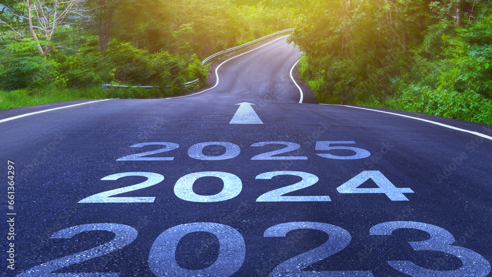 Empty asphalt road with New year 2024 concept. Direction to new year