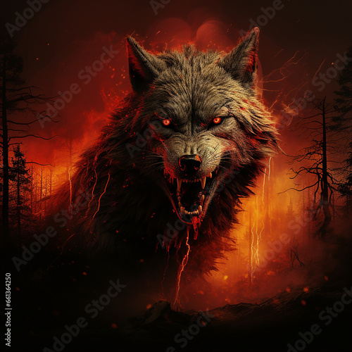 dangerous bloody wolf in fire photo