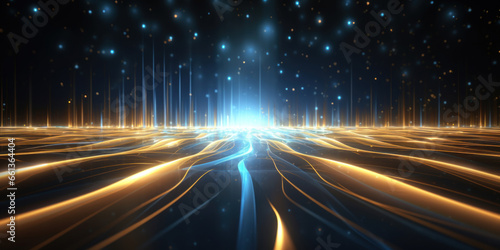 Abstract background with gold and blue glowing neon moving high speed line and wave and bokeh lights horizontal to vertical. Data transfer concept  reflect on the floor.