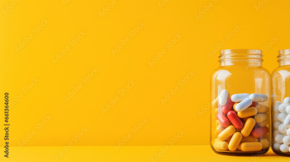 Multicolored tablets and capsules from a glass bottle on a yellow background - obrazy, fototapety, plakaty 