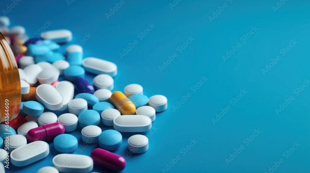 Tablets and capsules are scattered on a blue background Tablets and capsules are scattered on a blue background
