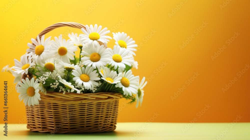 daisies in a basket on yellow background