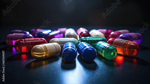 Colorful pills and capsules are scattered on the dark table. View from above