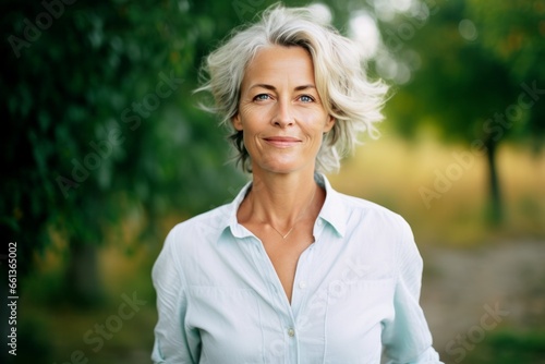smiling senior woman with gray hair outdoors