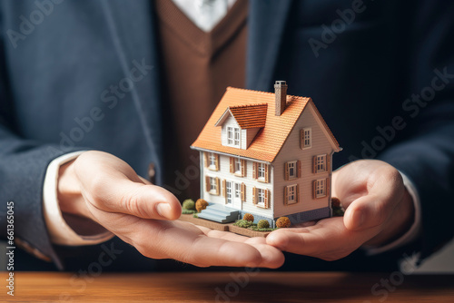 Real estate agent with house model and keys. Construction, project, moving to a new house, mortgage, rent, purchase of real estate. Successful property sale purchase agreement for new home ownership.
