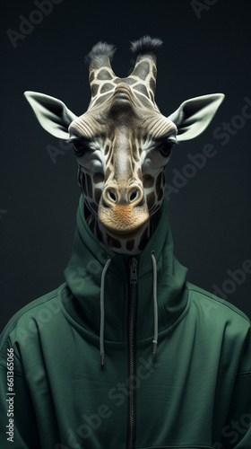 giraffe in a suit on a gelled background. generative ai
