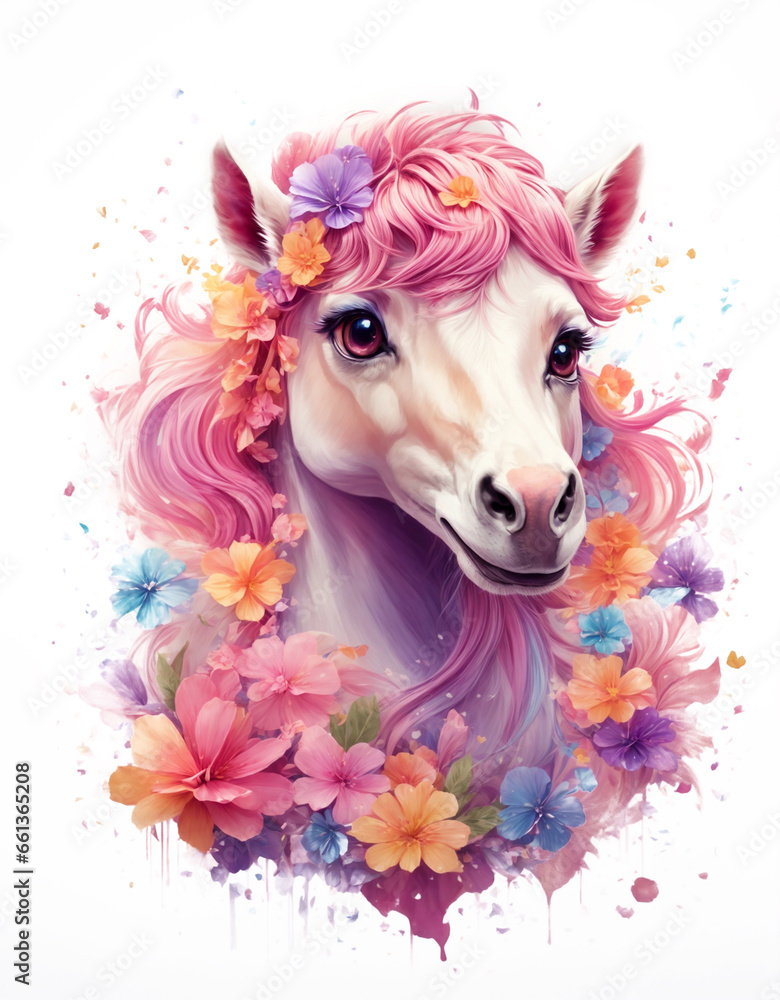 Digital illustration of a horse, a composition on a background of beautiful pink-purple flowers with a drawing effect, background for postcards and posters
, prints for souvenir products
