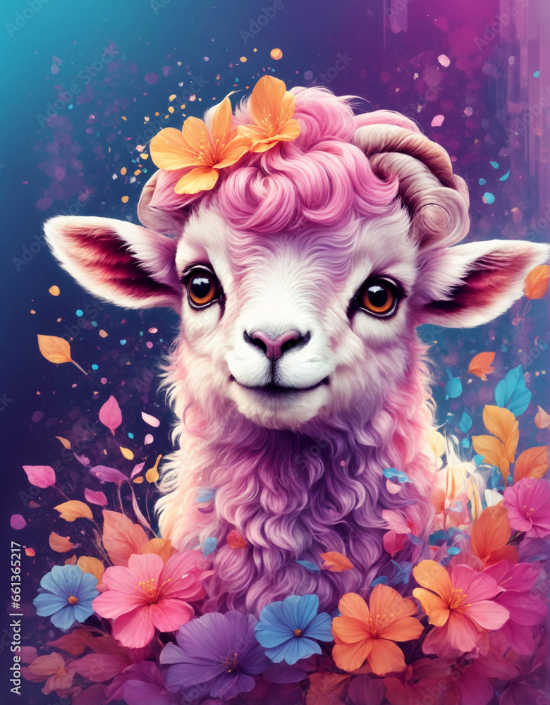Digital illustration of a ram, a composition on a background of beautiful pink-purple flowers with a drawing effect, background for postcards and posters
, prints for souvenir products