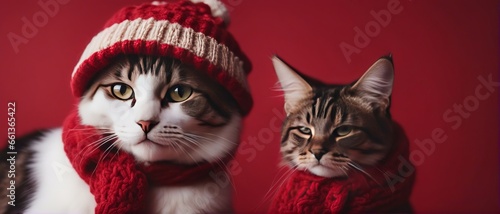 Two cats adorned with winter scarves and hats against a vibrant red backdrop