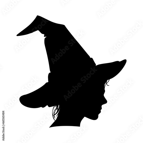 Silueta de perfil de cabeza de bruja con sombrero para su uso en invitaciones y tarjetas de Halloween