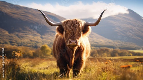 Brown scottish highland cow standing in a mountain landscape
