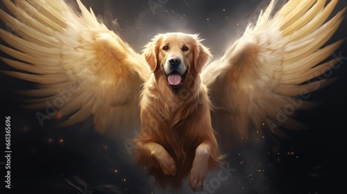 Illustration of a flying golden retriever with angel wings
