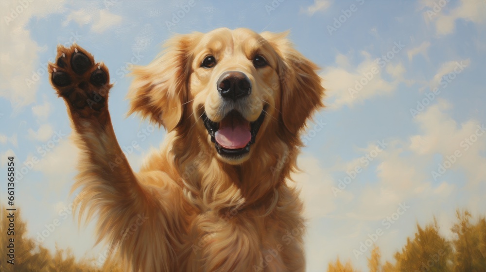 Obraz premium Illustration of a happy golden retriever dog raising its paw