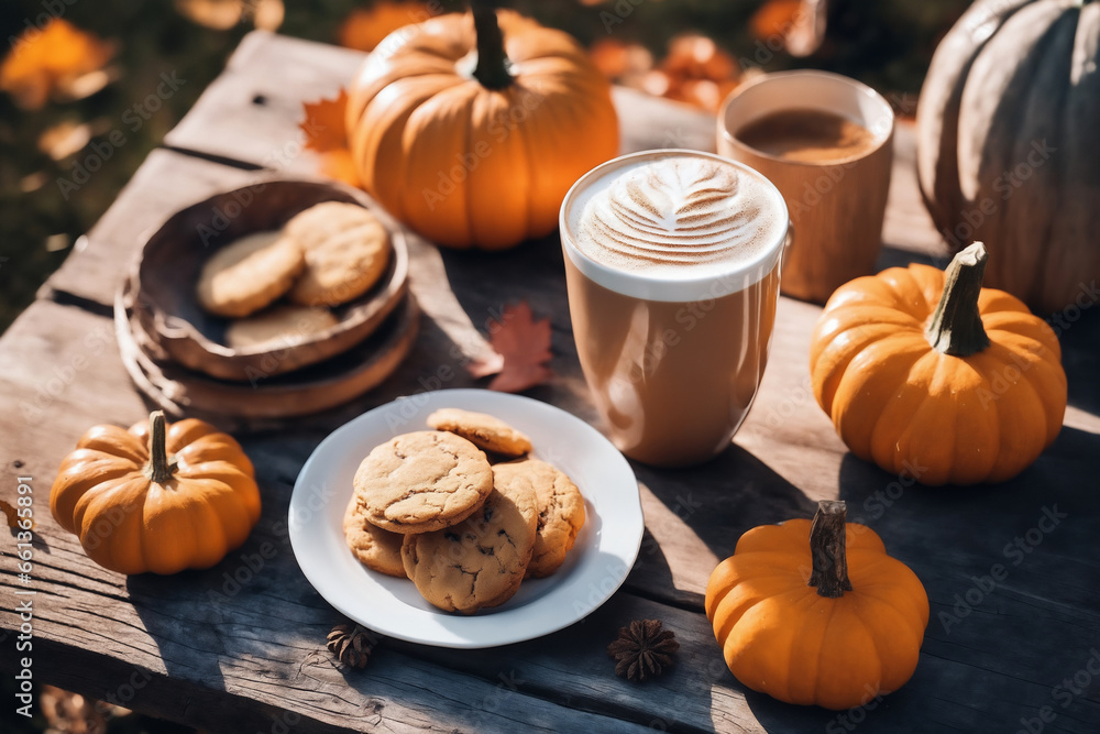 still life of a cup of hot latte and cookies and pumpkins on an old wooden table against the background of beautiful autumn nature at sunset, decoration for Halloween still life of a cup of hot latte and cookies and pumpkins on an old wooden table against the background of beautiful autumn nature at sunset, decoration for Halloween