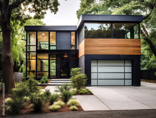 Modern minimalist cubic private two-story house with garage, villa in forest. Black walls decorated with timber wood cladding. Residential architecture exterior.