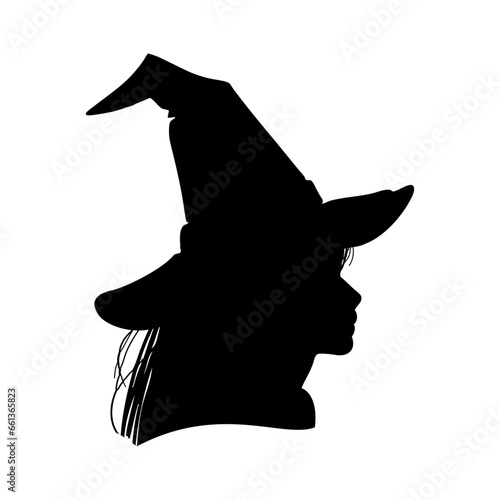 Silueta de perfil de cabeza de bruja con sombrero para su uso en invitaciones y tarjetas de Halloween