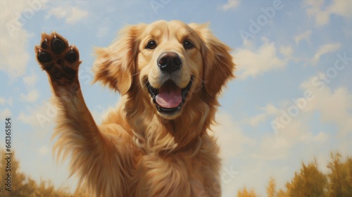 Illustration of a happy golden retriever dog raising its paw