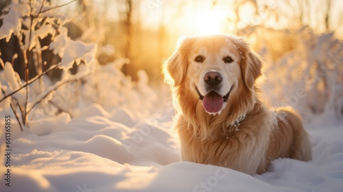 Happy golden retriever dog lying in the snow in a beautiful winter landscape  natural sunligfht