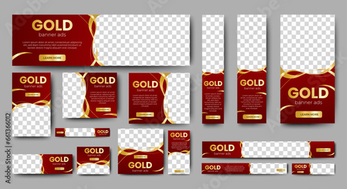 Luxury business web ad banner template with photo place. Modern layout red and gold background and Vivid red shape and text design