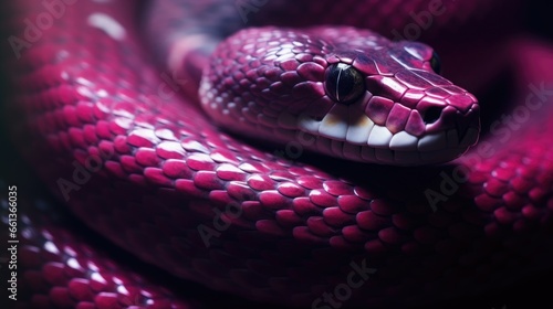 macro shot of a magenta python snake in the jungle